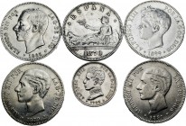 Centenario de la Peseta (1868-1931). Lote de 6 monedas de plata, 5 pesetas 1870, 1879, 1881, 1885, 1899 y 2 pesetas de 1905. Todas las estrellas visib...
