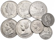 Lote de 8 piezas del centenario, 5 de 5 pesetas (1870, 1871, 1875, 1884, 1890) y 3 de 2 pesetas (1870 y 2 de 1882). A EXAMINAR. MBC/MBC+. Est...150,00...