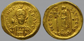 Zeno (474-491), Solidus, Constantinople, 4,40 g Au, 20 mm, D N ZENO P-ERP AVG, pearl-diademed and cuirassed bust facing holding spear and shield / VIC...