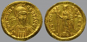 Solidus, Constantinople, 4,48 g Au, 20 mm, DN ZENO PERP AVG, helmeted, pearl-diademed and cuirassed bust of Zeno facing, holding spear over right shou...