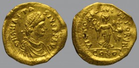Tremissis, Constantinople, 1,28 g Au, 14 mm, D N ANASTA-SIVS P P AVG, diademed, draped, and cuirassed bust right / VICTORIA AVGVSTORVM, Victory advanc...