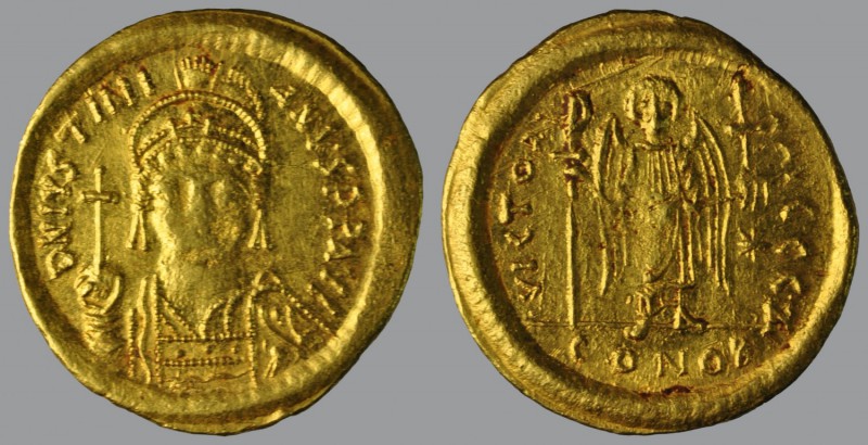 Solidus, Constantinople, 4,46 g Au, 21 mm, D N IVSTINI–ANVS P P AVG, helmeted an...