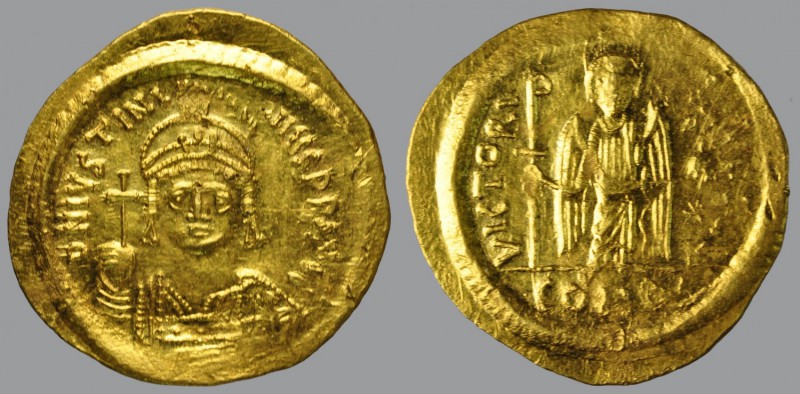 Solidus, Constantinople , 4,47 g Au, 22 mm, D N IVSTINI–ANVS P P AVG, helmeted a...
