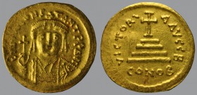 Tiberius II Constantine (578-582), Solidus, Constantinople, 4,40 g Au, 20 mm, ∂ m TIЬ CONS–TANT P P AVG, crowned and cuirassed bust facing, holding gl...