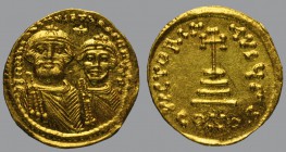 Solidus, Constantinople, 4,46 g Au, 20 mm, dd NN hERACLIVS ET hERA CONST PP A’, facing busts of emperors, each crowned and wearing a chalmys; cross ab...