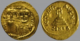 Solidus, Constantinople, 4,45 g Au, 20, mm, dd NN hERACLIЧS ET hERA CONST PP A’, crowned and draped busts of Heraclius on left, and Heraclius Constant...