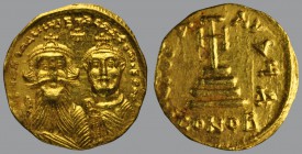 Solidus, Constantinople, 4,40 g Au, 20 mm, dd NN hERACLIЧS ET hERA CONST PP A, crowned and draped busts of Heraclius, on left, and Heraclius Constanti...