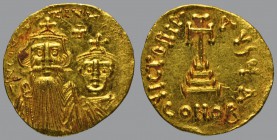 Solidus, Constantinople, 4,51 g Au, 20 mm, ∂N CONSTAN-TINЧS Є CONSTI, crowned and draped facing busts of Constans II, wearing long beard, and Constant...