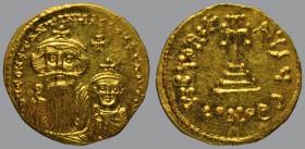 Solidus, Constantinople, 4,50 g Au, 20 mm, ∂N CONSTAN-TINЧS Є CONSTI, crowned and draped facing busts of Constans II, wearing long beard, and Constant...