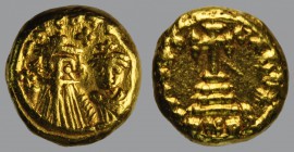 Solidus, Carthage, 4,46 g Au, 11 mm, D N CONT [AP], draped facing busts of Constans II, bearded and holding globus cruciger, and Constantine IV, beard...