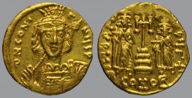 Constantine IV (668-685), Solidus, Constantinople, 4,49 g Au, 20 mm, δ N CONτ-I-NЧS P, helmeted and cuirassed bust of Constantine IV facing slightly r...