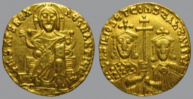 Basil I (867-886), Solidus, Constantinople, 4,32 g Au, 20 mm, + IhS XPS REX REGNANTIVM*, Christ, nimbate, seated facing, wearing chiton, raising hand ...