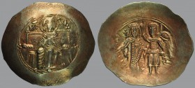 Isaac II Angelus (1185-1195), Aspron Trachy, Constantinople, 4,21 g El, 30 mm, full length figure of the Virgin Mary seated facing on throne, holding ...