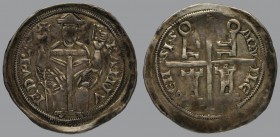 Denar, patriarch en face with sceptre and book/arms with keys and towers, 1.11 g Ag, 22 mm, Bernardi 31 (R)

Old cabinet tone. VERY FINE.
