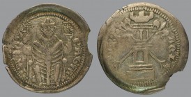 Denar, patriarch en face with sceptre and book/ tower with two sceptres, 0,88 g Ag, 21 mm, Bernardi 38b (C)

Old cabinet tone. Some parts missing, o...