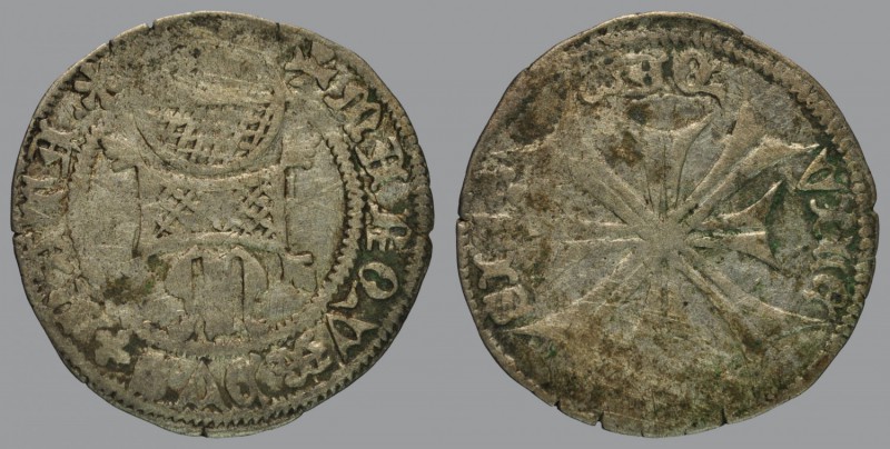 Marquardo (1365-1381), denar, reliquary/double cross, 0,87 g Ag, 18 mm, Bernardi...