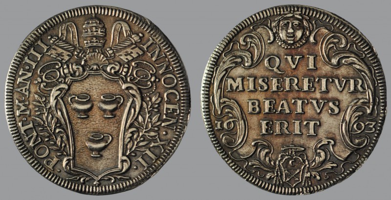 Testone, Anno III, 1693, Rome, Arms/ Latin text in baroque cartouche, 9,13 g Ag,...