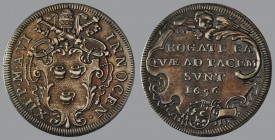 Testone, Anno VI, 1696, Rome, Arms/ Latin text in baroque cartouche, 9,08 g Ag, 31 mm, Muntoni 48

Improperly cleaned, otherwise GOOD VERY FINE.