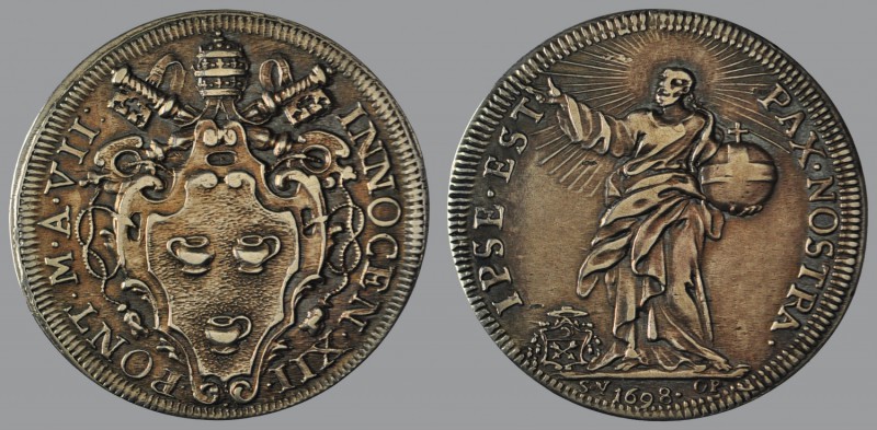 Testone, Anno VII, 1698, Rome, Arms/Christ with globe, 9,05 g Ag, 33 mm, Muntoni...