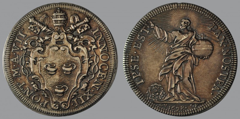 Testone, Anno VII, 1698, Rome, Arms/Christ with globe, 9,13 g Ag, 33 mm, Muntoni...