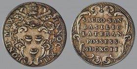 Giulio, 1692, Rome, Arms/ Latin text in baroque cartouche, 2,98 g Ag, 26 mm, Muntoni 64

Improperly cleaned. Otherwise GOOD VERY FINE.