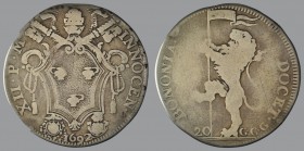 Lira, 1692, Bologna, Arms/rampant lion holding a banner, 5,81 g Ag, 28 mm, Muntoni 133

Improperly cleaned. Otherwise FINE.