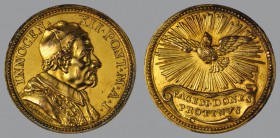 Invocation of Spiritus Sanctus, Anno I (1691/92), ORIGINAL Gilded Bronze Medal, opus Giovanni Hamerani, Bust r./radianting dove, 15,77 g Br., 31 mm, M...