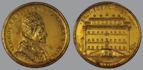 Establishment of the Ospizio Apostolico Unificato 1694, Anno III, ORIGINAL Gilded Bronze Medal, opus Antonio Pilaia, Bust r./ view of Ospizio, 32 g Br...