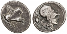 LEUKAS: AR stater (8.22g), ND [ca. 320-280 BC], S-2281, BMC-12.89, Pegasi-128, Pegasos flying right with Λ below // helmeted bust of Athena right with...