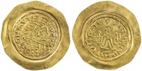 LOMBARDS: uncertain king, ca 7th century, AV tremissis (1.28g), cf. MEC-306, Arslan-13 var, pseudo-imperial issue in the name of Byzantine emperor Mau...