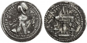 SASANIAN KINGDOM: Ardashir I, 224-241, AR obol (0.66g), G-12, king's bust, wearing tight headdress with korymbos & earflaps // fire altar, choice VF....