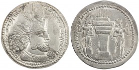 SASANIAN KINGDOM: Shahpur (Sabuhr) I, 241-272, AR drachm (4.44g), G-23, king's bust, wearing tiara headdress with korymbos & earflaps // fire altar gu...