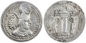 SASANIAN KINGDOM: Shahpur (Sabuhr) I, 241-272, AR drachm (4.12g), G-23, king's bust, wearing tiara headdress with korymbos & earflaps // fire altar gu...