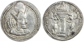 SASANIAN KINGDOM: Shahpur (Sabuhr) I, 241-272, AR drachm (4.34g), G-23, king's bust, wearing tiara headdress with korymbos & earflaps // fire altar gu...