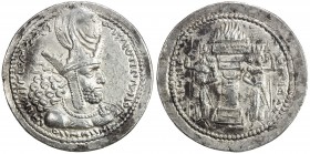 SASANIAN KINGDOM: Shahpur (Sabuhr) I, 241-272, AR drachm (4.37g), G-23, king's bust, wearing tiara headdress with korymbos & earflaps // fire altar gu...