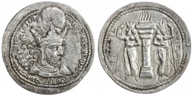 SASANIAN KINGDOM: Shahpur (Sabuhr) I, 241-272, AR drachm (4.27g), G-23, king's bust, wearing tiara headdress with korymbos & earflaps // fire altar gu...