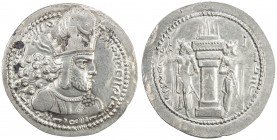 SASANIAN KINGDOM: Shahpur (Sabuhr) I, 241-272, AR drachm (4.41g), G-23, king's bust, wearing tiara headdress with korymbos & earflaps // fire altar gu...