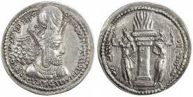 SASANIAN KINGDOM: Shahpur (Sabuhr) I, 241-272, AR drachm (4.23g), G-23, king's bust, wearing tiara headdress with korymbos & earflaps // fire altar gu...