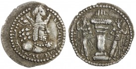 SASANIAN KINGDOM: Shahpur (Sabuhr) I, 241-272, AR obol (0.74g), G-25, king's bust, wearing tiara headdress with korymbos & earflaps // fire altar guar...