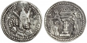 SASANIAN KINGDOM: Shahpur (Sabuhr) I, 241-272, AR obol (0.66g), G-25, SNS-22, king's bust, wearing tiara headdress with korymbos & earflaps // fire al...