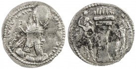 SASANIAN KINGDOM: Varahran (Vahram) I, 273-276, AR obol (0.54g), G-45var, king's bust, wearing radiate crown with korymbos, left legend in 2 lines // ...