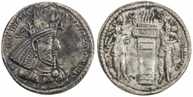 SASANIAN KINGDOM: Narseh, 293-303, AR drachm (3.98g), G-76, king's bust right, wearing crown with arcades and three floriate branches, with korymbos /...