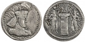 SASANIAN KINGDOM: Narseh, 293-303, AR obol (0.54g), G-77, king's bust right, wearing crown with arcades and three floriate branches, with korymbos // ...