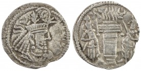 SASANIAN KINGDOM: Narseh, 293-303, AR obol (0.47g), G-77, king's bust right, wearing crown with arcades and three floriate branches, with korymbos // ...