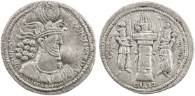 SASANIAN KINGDOM: Hormizd II, 303-309, AR drachm (3.48g), NM, ND, G-85, standard type, both attendants with korymbos-topped crowns, extra Pahlavi word...
