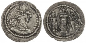 SASANIAN KINGDOM: Hormizd II, 303-309, AR obol (0.64g), G-85var, king's bust right, wearing winged eagle crown // fire altar & 2 attendants, right att...