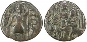 HUNNIC TRIBES: Mihirakula, ca. 515-530, AE unit (7.72g), Mitch-3780, Kushan-styled standing king with scepter in his raised left hand, offering at alt...