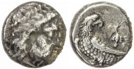 BACTRIA: AR diobol (1.14g), ca. 305-294 BC, SNG ANS-20, HGC-12.12, local issue, laureate head of Zeus right // eagle standing left, head turned right,...
