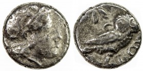 BACTRIA: AR hemidrachm (1.62g), ca. 295-283 BC, Nicolet-Pierre & Amandry-32, local issue in the Oxus region, helmeted head of Athena right // owl stan...