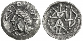 SAMARKAND: Anonymous, 1st-2nd century AD, AR unit (0.87g), Zeno-20328, bust left, Sogdian legend above, tentatively read as tauraka // archer, with bo...